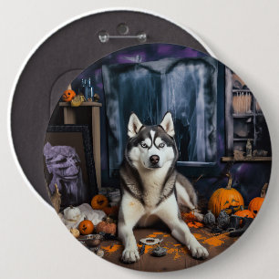 Badge Rond 15,2 Cm Citrouilles effrayantes d'Halloween Husky sibérien