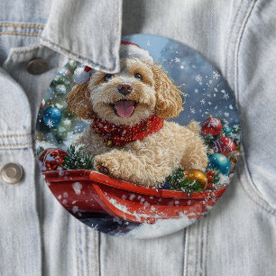 Badge Rond 15,2 Cm Cockapoo Dog in Sledge Let it Neige Christmas