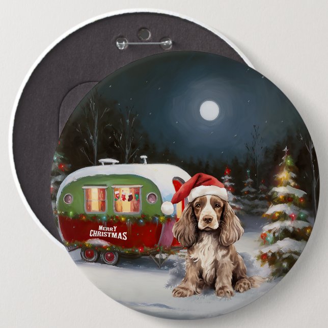 Badge Rond 15,2 Cm Cocker d'hiver Spaniel Caravan Christmas Adventure (Devant & derrière)
