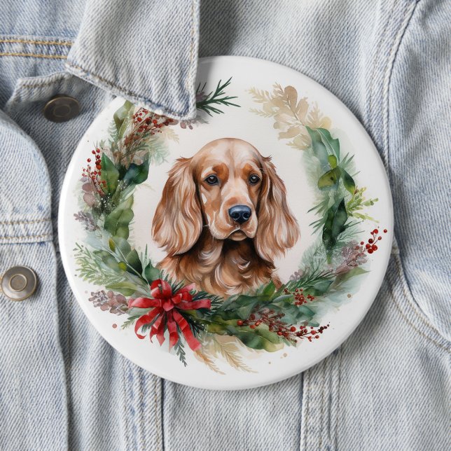 Badge Rond 15,2 Cm Cocker Spaniel Noël Wreath Festive Pup (En situation)