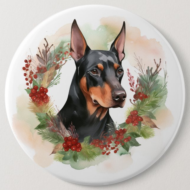 Badge Rond 15,2 Cm Coupe festive Doberman Christmas Wreath (Devant)