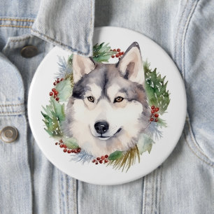 Badge Rond 15,2 Cm Couronne de Noël festive avec Husky sibérien
