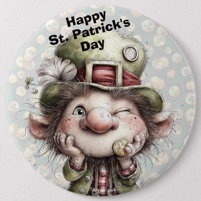 Badge Rond 15,2 Cm Cute Winking Leprechaun  (Devant)