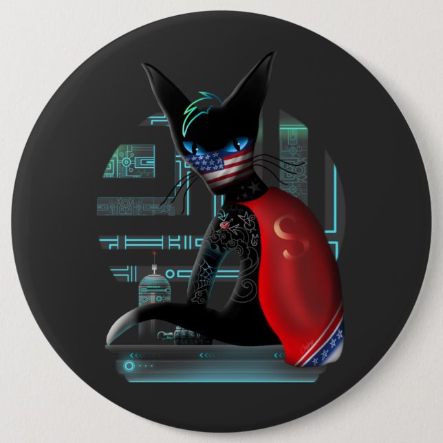 Badge Rond 15,2 Cm Cyberpunk Ninja Chat noir (Devant)