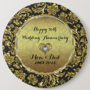 Badge Rond 15,2 Cm Damas Noir Et Or 50ème Anniversaire Mariage