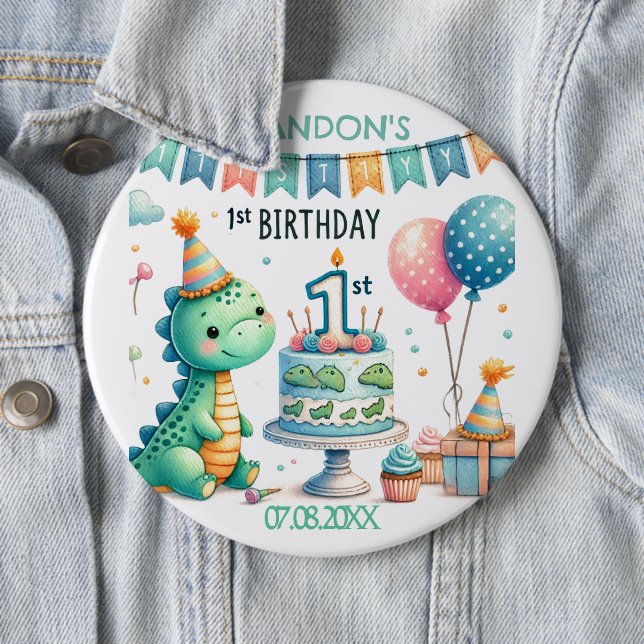 Badge Rond 15,2 Cm Dinosaur Dino 1ère fête d'anniversaire (En situation)