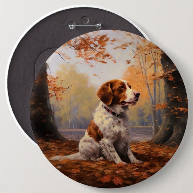 Badge Rond 15,2 Cm Épanouissement d'un Brittany Spaniel dans les feui (Devant & derrière)