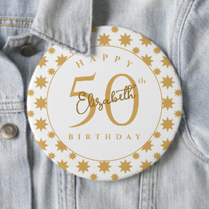 Badge Rond 15,2 Cm Étoiles Dorées 50e Anniversaire Nom Personnalisé