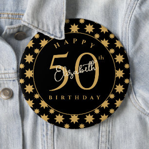 Badge Rond 15,2 Cm Étoiles Dorées 50e Anniversaire Nom Personnalisé 