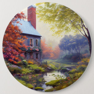 Badge Rond 15,2 Cm Ferme/cours d'eau/bois/peinture
