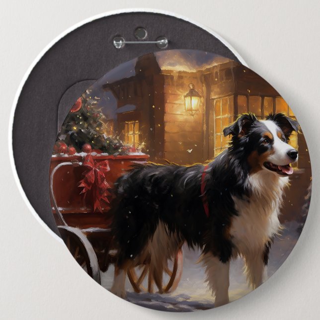 Badge Rond 15,2 Cm Frontière Collie Festive de Noël (Devant & derrière)