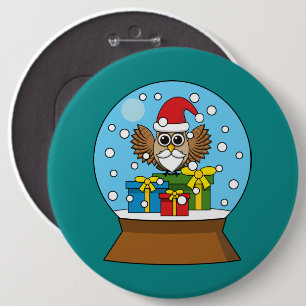 Badge Rond 15,2 Cm Globe des neiges avec Chouette du Père Noël