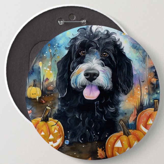Badge Rond 15,2 Cm Halloween Bernedoodle Avec La Peur Citrouille (Devant & derrière)