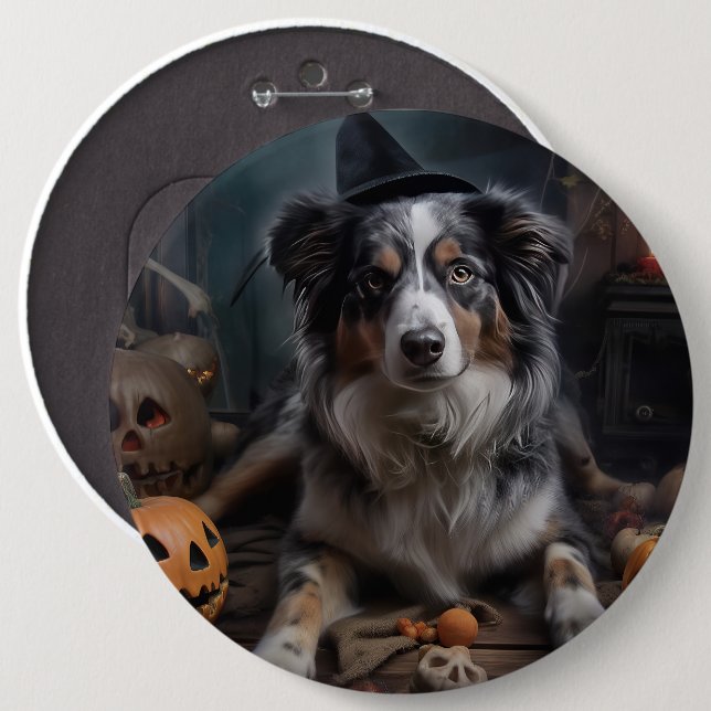 Badge Rond 15,2 Cm Halloween Citrouille berger australienne effraie (Devant & derrière)