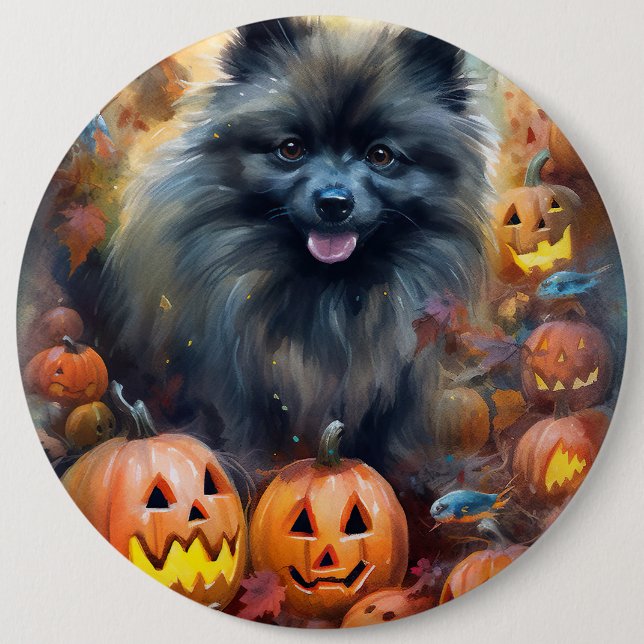 Badge Rond 15,2 Cm Halloween Keeshonté avec la peur Citrouille (Devant)
