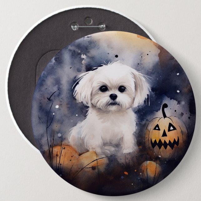 Badge Rond 15,2 Cm Halloween Maltais Avec Peur Citrouille (Devant & derrière)