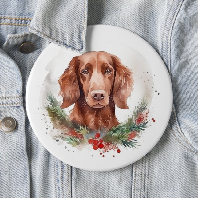Badge Rond 15,2 Cm Irlandais Red Setter Festive Wreath Pup (En situation)