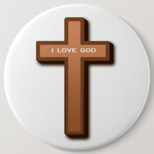 BADGE ROND 15,2 CM "J'AIME DIEU" CROIX