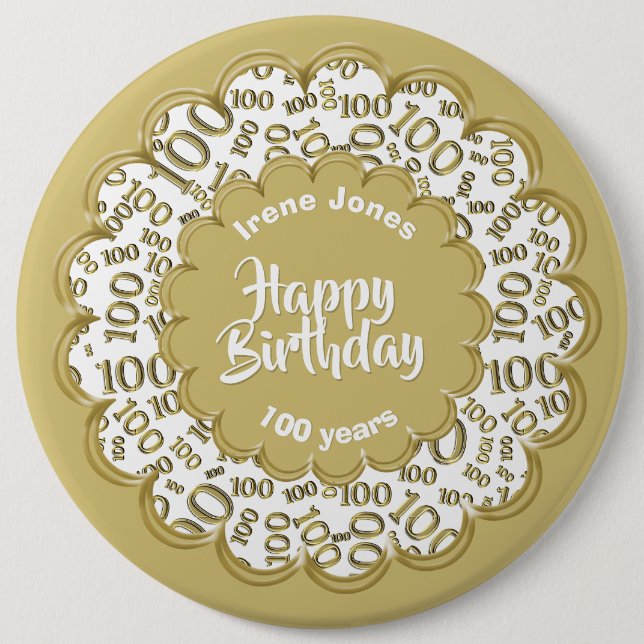 Badge Rond 15,2 Cm Joyeux anniversaire, 100e Motif numérique Gold/Whi (Devant)
