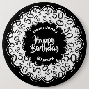 Badge Rond 15,2 Cm Joyeux anniversaire, cinquantième motif noir/blanc