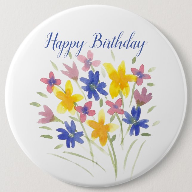 Badge Rond 15,2 Cm Joyeux Anniversaire Flower Pin (Devant)