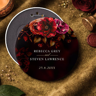 Badge Rond 15,2 Cm Mariage floral élégant rouge noir d'humeur 