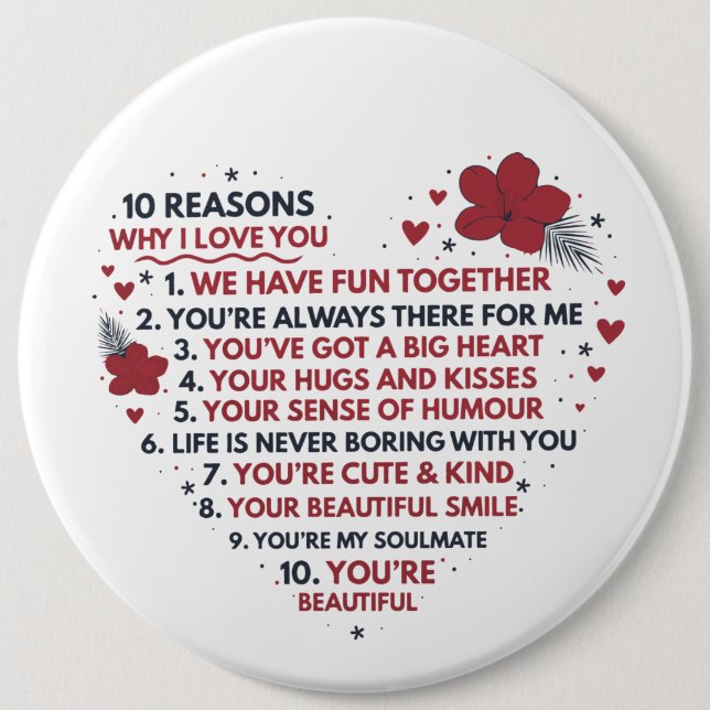 Badge Rond 15,2 Cm mignon romantique dix raisons vous aimer Valentine (Devant)