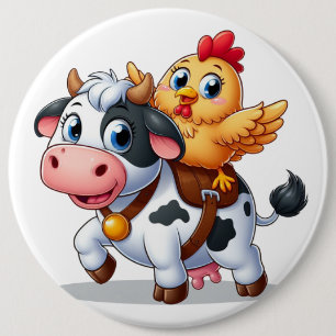 Badge Rond 15,2 Cm mignon vache/poulet caricature