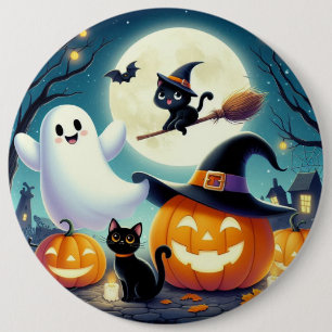 Badge Rond 15,2 Cm Mignonne, citrouille d'Halloween, chat & fantôme