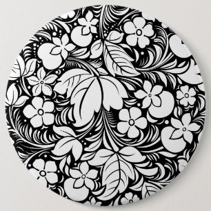 Badge Rond 15,2 Cm Modèle floral stylisé noir et blanc 2