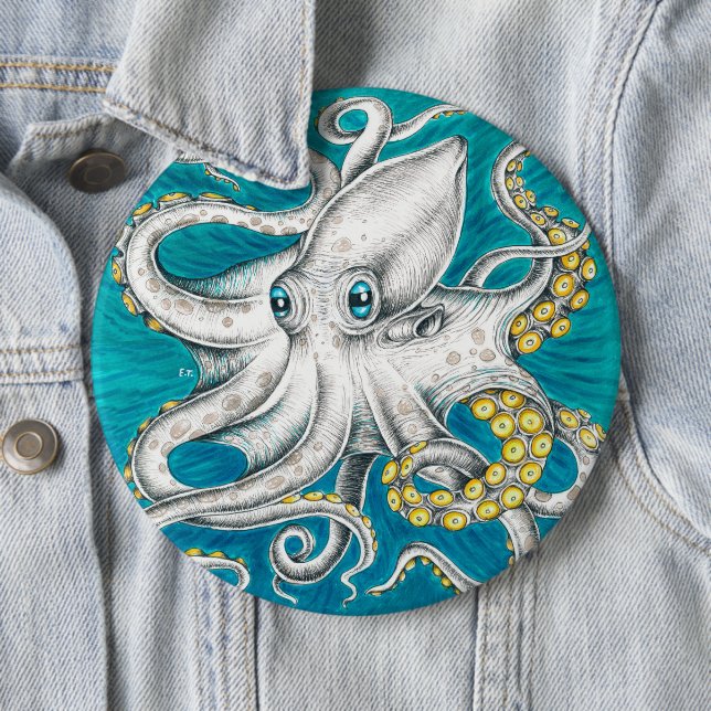 Badge Rond 15,2 Cm Octopus Tentacles encre turquoise verte (En situation)