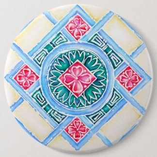 Badge Rond 15,2 Cm Peranakan Carreaux géométriques Turquoise rond