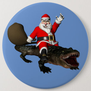 Badge Rond 15,2 Cm Père Noël Festif Montant Un Alligator