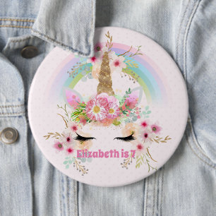 Badge Rond 15,2 Cm Pink Gold UNICORN Fleurs arc-en-ciel Filles NOMMÉE