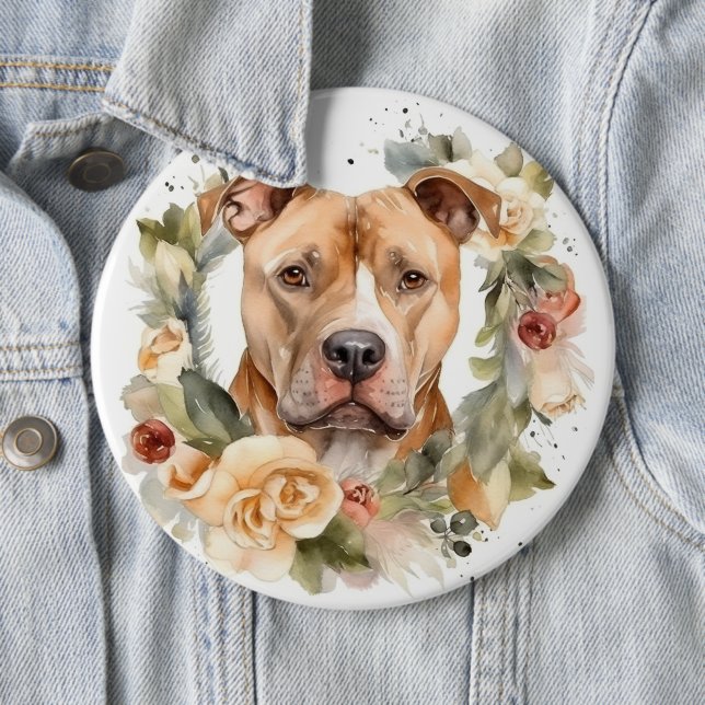 Badge Rond 15,2 Cm Pitbull Christmas Wreath Festive Pup (En situation)