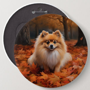 Badge Rond 15,2 Cm Poméranie dans les feuilles d'automne qui tombent