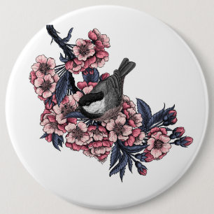 Badge Rond 15,2 Cm Poulet sur une branche de cerise en fleurs