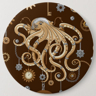 Badge Rond 15,2 Cm Poulpe Steampunk Rétro Fantastique Mécanique