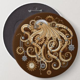 Badge Rond 15,2 Cm Poulpe Steampunk Rétro Fantastique Mécanique
