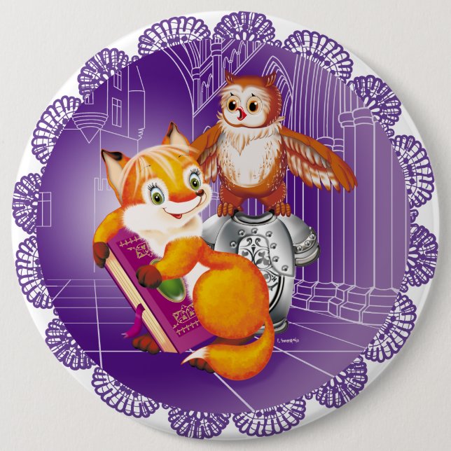 Badge Rond 15,2 Cm renard et hibou (Devant)