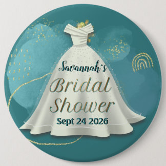Badge Rond 15,2 Cm Robe de mariée de fiançailles sarcelle doré paille