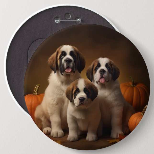 Badge Rond 15,2 Cm Saint Bernard Puppy Automne Citrouille (Devant & derrière)