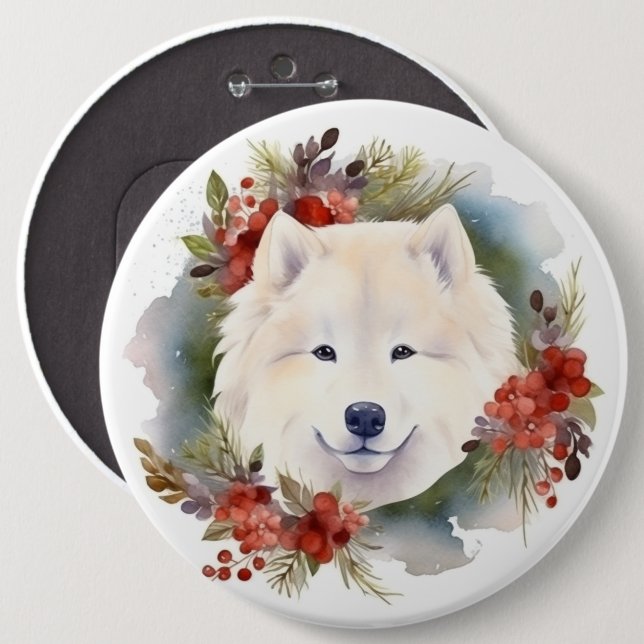 Badge Rond 15,2 Cm Samoyed Christmas Wreath Festive Pup (Devant & derrière)