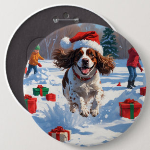Badge Rond 15,2 Cm Scène de neige festive de Noël avec un épagneul br