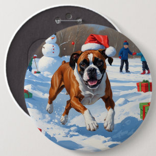 Badge Rond 15,2 Cm Scène de Noël festive avec un Boxer dans la neige