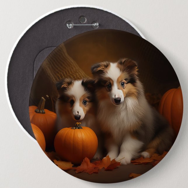 Badge Rond 15,2 Cm Shetland Sheepdog Chiot Chiot Automne Citrouille d (Devant & derrière)