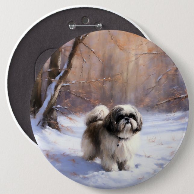 Badge Rond 15,2 Cm Shih Tzu Laisse Neige Noël (Devant & derrière)