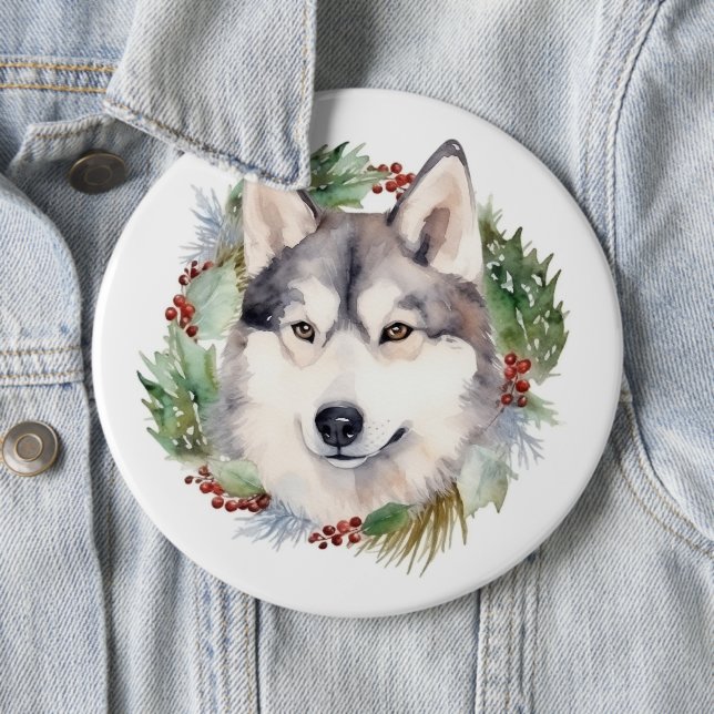 Badge Rond 15,2 Cm Sibérie Husky Christmas Wreath Festive Pup (En situation)