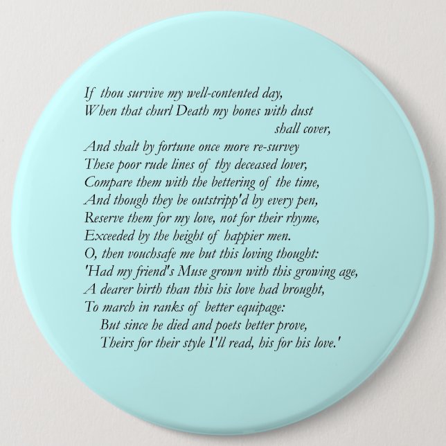 Badge Rond 15,2 Cm Sonnet # 32 par William Shakespeare (Devant)