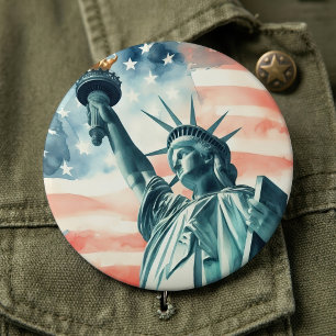 Badge Rond 15,2 Cm Statue de la Liberté à l'aquarelle avec drapeau am